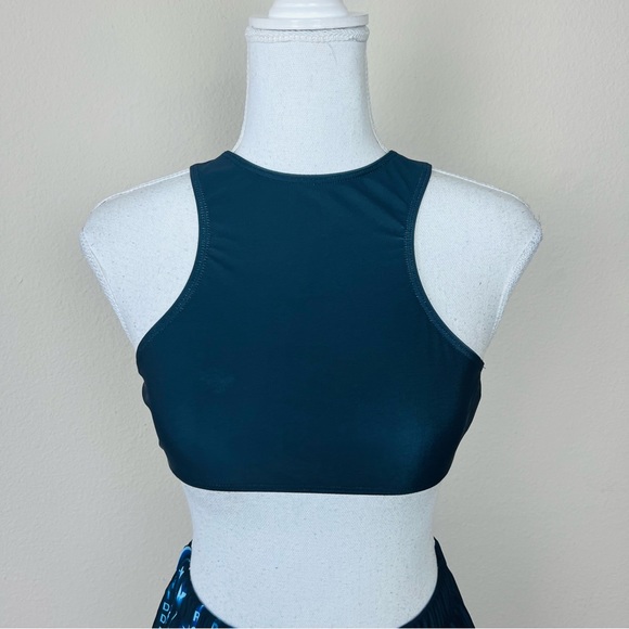 Blue Black Colorblock Matrix Futuristic Asymmetrical Crop Top & Biker Shorts Set - Picture 9 of 15